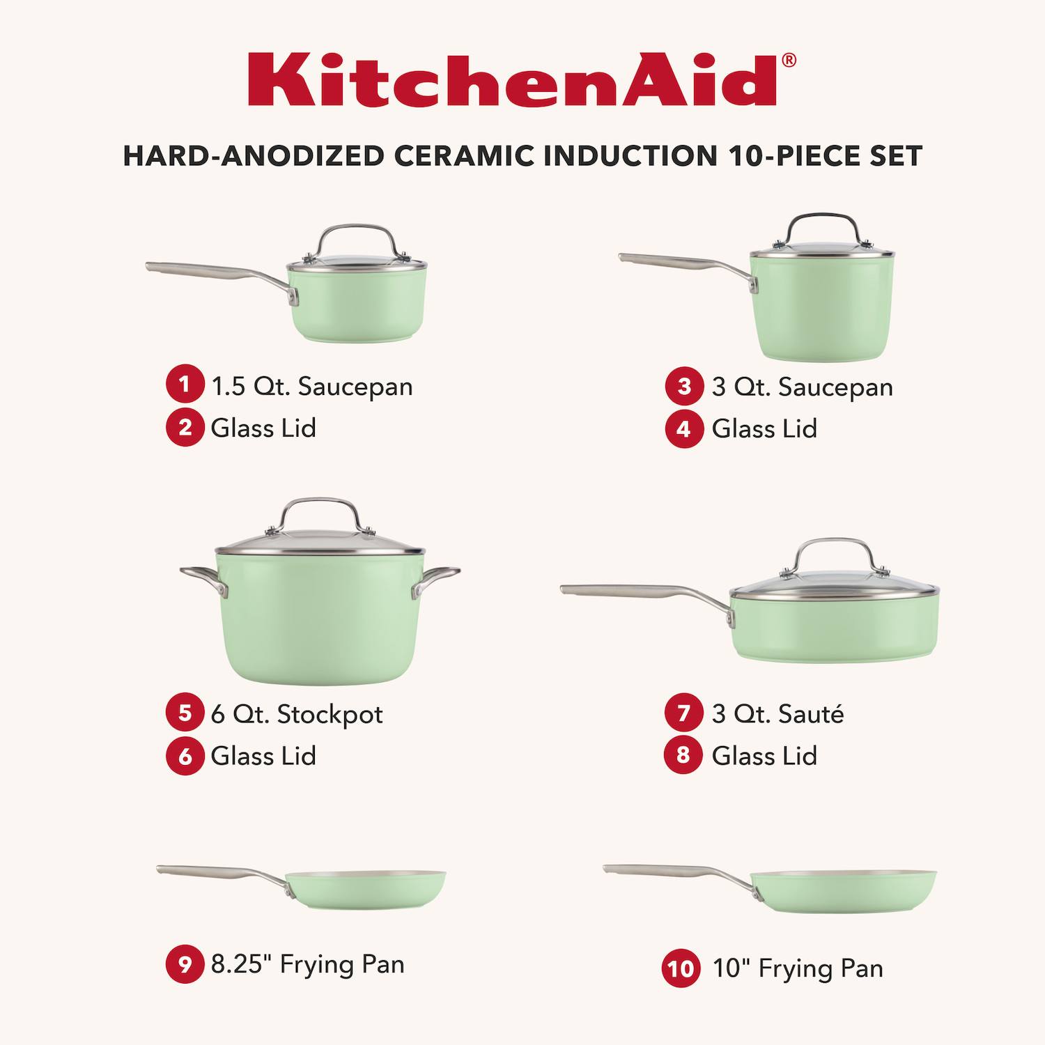KitchenAid 10-pc. Hard-Anodized Ceramic Induction Cookware Set - Pistachio KitchenAid 10-pc. Hard-Anodized Ceramic Induction Cookware Set - Pistachio