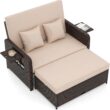 Tangkula Patio Rattan Daybed with 4-Level Adjustable Backrest, Outdoor PE Wicker Loveseat with Storage Ottoman & Folding Side Tray, Double Sunbed Lounger for Balcony, Backyard & Poolside