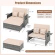 Tangkula Patio Rattan Daybed with 4-Level Adjustable Backrest, Outdoor PE Wicker Loveseat with Storage Ottoman & Folding Side Table, Double Sunbed for Balcony, Backyard & Poolside, Beige & Grey