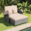 Tangkula Patio Rattan Daybed with 4-Level Adjustable Backrest, Outdoor PE Wicker Loveseat with Storage Ottoman & Folding Side Table, Double Sunbed for Balcony, Backyard & Poolside, Beige & Grey