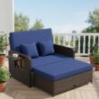 Tangkula Patio Rattan Daybed with 4-Level Adjustable Backrest, Outdoor PE Wicker Loveseat with Storage Ottoman & Folding Side Tray, Double Sunbed Lounger for Balcony, Backyard & Poolside, Navy & Brown