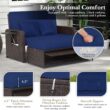 Tangkula Patio Rattan Daybed with 4-Level Adjustable Backrest, Outdoor PE Wicker Loveseat with Storage Ottoman & Folding Side Tray, Double Sunbed Lounger for Balcony, Backyard & Poolside, Navy & Brown