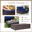 Tangkula Patio Rattan Daybed with 4-Level Adjustable Backrest, Outdoor PE Wicker Loveseat with Storage Ottoman & Folding Side Tray, Double Sunbed Lounger for Balcony, Backyard & Poolside, Navy & Brown