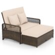 Tangkula Patio Rattan Daybed with 4-Level Adjustable Backrest, 2-Person Outdoor Wicker Loveseat with Storage Ottoman & Soft Cushions, Double Sunbed Lounger for Backyard, Porch, Poolside (Beige)