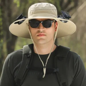 Solar Fan Wide Brim Hat with UPF 50+ Sun Protection – Dual Solar Fans Fishing Hat for Men and Women