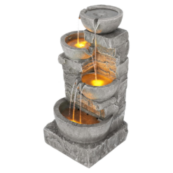 Teamson Home 33.25 in. Cascading Bowls and Stacked Stones LED Outdoor Water Fountain for Gardens, Landscaping, Patios, Balconies, and Lawns for a Calming Oasis in Outdoor Living Spaces, Stone Gray