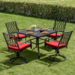 Nuu Garden 5 -Piece Black Patio Dining Set Iron Square Table with 4 Red Cushions Swivel Chairs