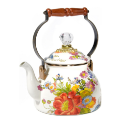 MACKENZIE-CHILDS Enamel Tea Kettle, Stylish Tea Kettle for Stovetop, White Flower Market, 2 Quarts