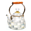 MACKENZIE-CHILDS Enamel Tea Kettle, Stylish Tea Kettle for Stovetop, Grey-and-White Sterling Check, 2 Quarts