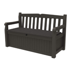 Keter Solana 70 Gallon Storage Bench Deck Box for Patio Furniture, Front Porch Decor and Outdoor Seating – Perfect to Store Garden Tools and Pool Toys, Brown/Brown
