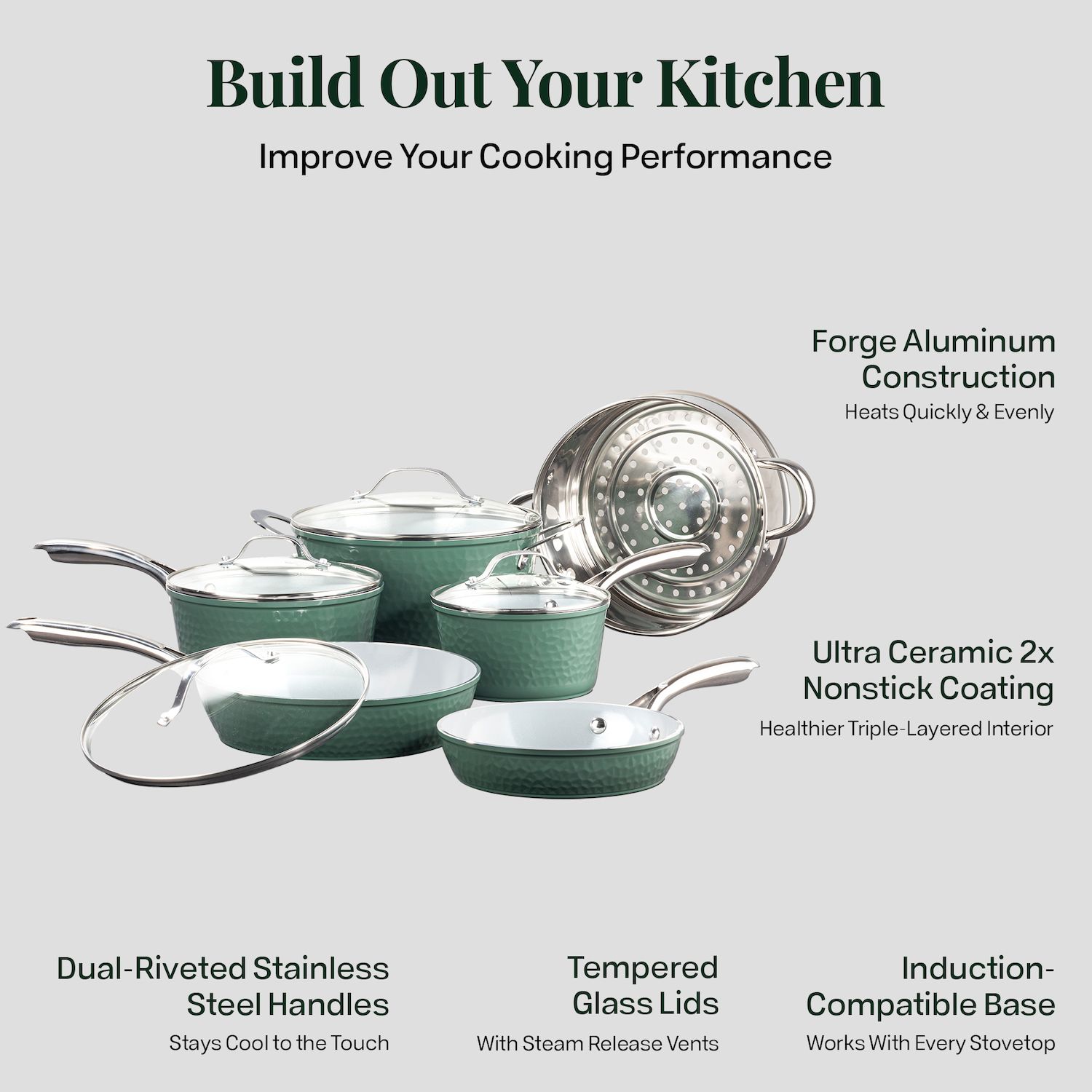 Gotham Steel Hammered 10-pc. Ceramic Nonstick Cookware Set - Green Gotham Steel Hammered 10-pc. Ceramic Nonstick Cookware Set - Green