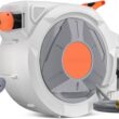 130 ft reel, wall mount, auto rewind, 180Â° swivel, 9-pattern nozzle, tangle-free.