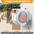 130 ft reel, wall mount, auto rewind, 180Â° swivel, 9-pattern nozzle, tangle-free.