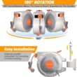 130 ft reel, wall mount, auto rewind, 180Â° swivel, 9-pattern nozzle, tangle-free.