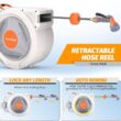 130 ft reel, wall mount, auto rewind, 180Â° swivel, 9-pattern nozzle, tangle-free.
