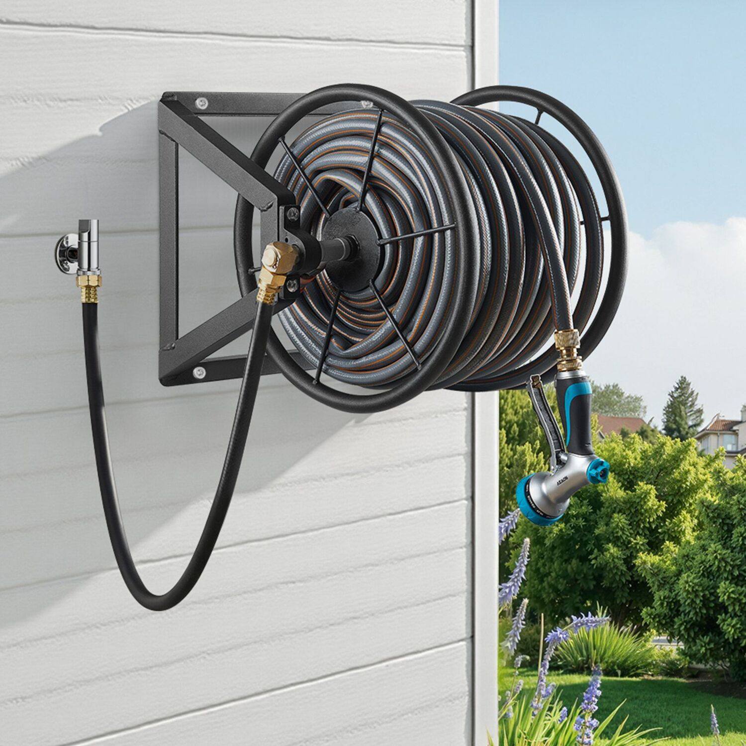 Wall-Mount Garden Hose Reel Stores Hoses Up to 200 ft with 5-Ft Lead Hose - Black Wall-Mount Garden Hose Reel Stores Hoses Up to 200 ft with 5-Ft Lead Hose - Black
