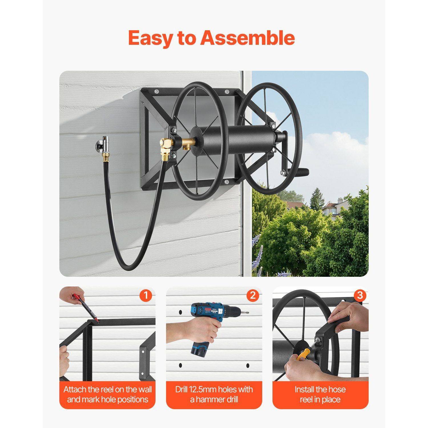 Wall-Mount Garden Hose Reel Stores Hoses Up to 200 ft with 5-Ft Lead Hose - Black Wall-Mount Garden Hose Reel Stores Hoses Up to 200 ft with 5-Ft Lead Hose - Black