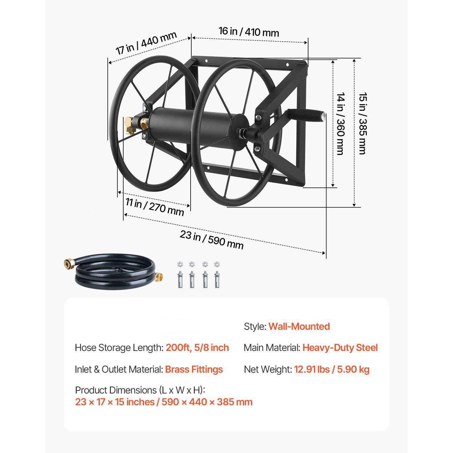 Wall-Mount Garden Hose Reel Stores Hoses Up to 200 ft with 5-Ft Lead Hose - Black Wall-Mount Garden Hose Reel Stores Hoses Up to 200 ft with 5-Ft Lead Hose - Black