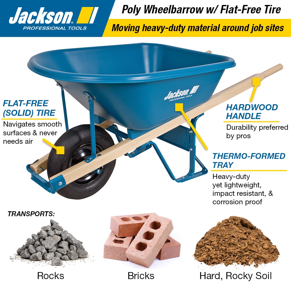 Jackson 5.75-cu ft 1 Wheel Poly Push Wheelbarrow Flat-Free Tire Jackson 5.75-cu ft 1 Wheel Poly Push Wheelbarrow Flat-Free Tire