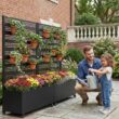 Wooakway 47 in.H x 47 in.W Black Metal Planter Box with Trellis and Wheels (Set of 2)