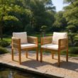 Homy Casa AWODC Garden Outdoor 2-Piece Dining Chair Set Set of 2 Teak Acacia Wood Frame with Ivory Cream Cushions and Brown Rope Handles