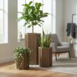 Vynxaria Chestnut Wood Tone Aluminum Hexagon Column Planter with Drainage Adjustable Depth 1 Pack (13 in L x 11 in W x 22 in H)