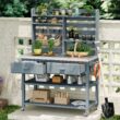 Blisstyle 64.9 Inchh Outdoor Potting Bench Table with Lockable Wheels Solid Wood Outdoor Kitchen Island with Upper Hutch Stainless Steel Top Towel Rack Outdoor Storage for Grilling Lawn Garden Grey Blue Flower Plant Pots for Plants Indoor Outdoor Planter