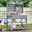 Blisstyle 64.9 Inchh Outdoor Potting Bench Table with Lockable Wheels Solid Wood Outdoor Kitchen Island with Upper Hutch Stainless Steel Top Towel Rack Outdoor Storage for Grilling Lawn Garden Grey Blue Flower Plant Pots for Plants Indoor Outdoor Planter