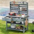 Blisstyle 64.9 Inchh Outdoor Potting Bench Table with Lockable Wheels Solid Wood Outdoor Kitchen Island with Upper Hutch Stainless Steel Top Towel Rack Outdoor Storage for Grilling Lawn Garden Grey Blue Flower Plant Pots for Plants Indoor Outdoor Planter