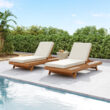 Homy Casa LCS Garden Outdoor Lounge Chaise Set Set of 1 Teak Acacia Wood with Cream Water-Resistant Cushions and Adjustable Backrest