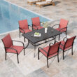 Sunshine Valley Outdoor Table and Chairs 7 -Piece Black Patio Dining Set Steel Rectangle Table with 6 Red Stationary Chairs