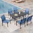 Sunshine Valley Outdoor Table and Chairs 7 -Piece Black Patio Dining Set Steel Rectangle Table with 6 Blue Stationary Chairs