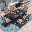 Nuu Garden 7 -Piece Black Patio Dining Set Iron Rectangle Table with 6 Brown Stationary and Motion Chairs