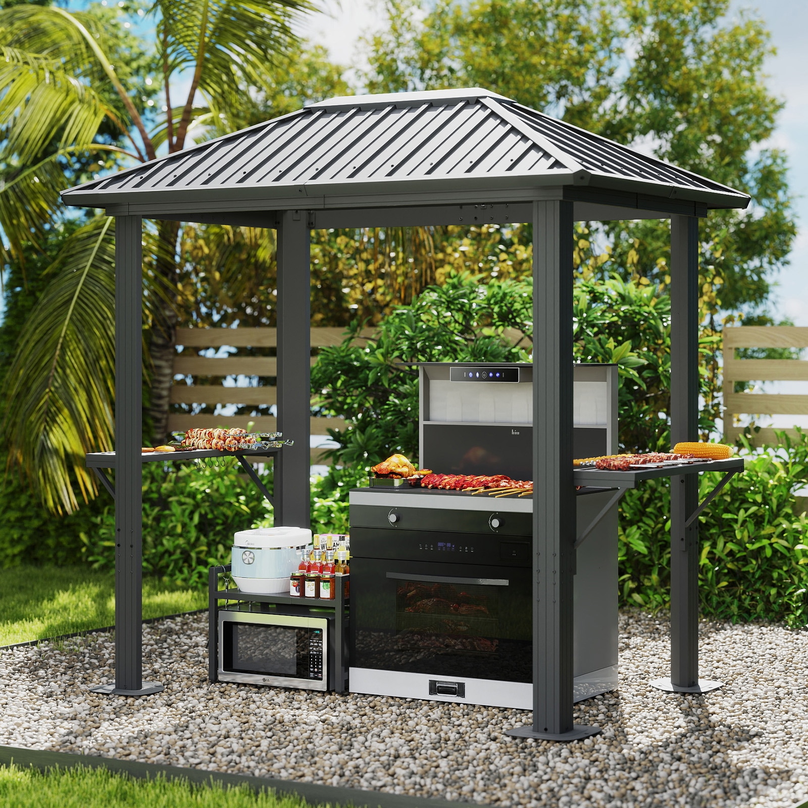 AOXUN Grill Gazebo 8 x 5FT Aluminum BBQ Gazebo with Steel Top with Shelves for Lawn Patio Garden AOXUN Grill Gazebo 8 x 5FT Aluminum BBQ Gazebo with Steel Top with Shelves for Lawn Patio Garden