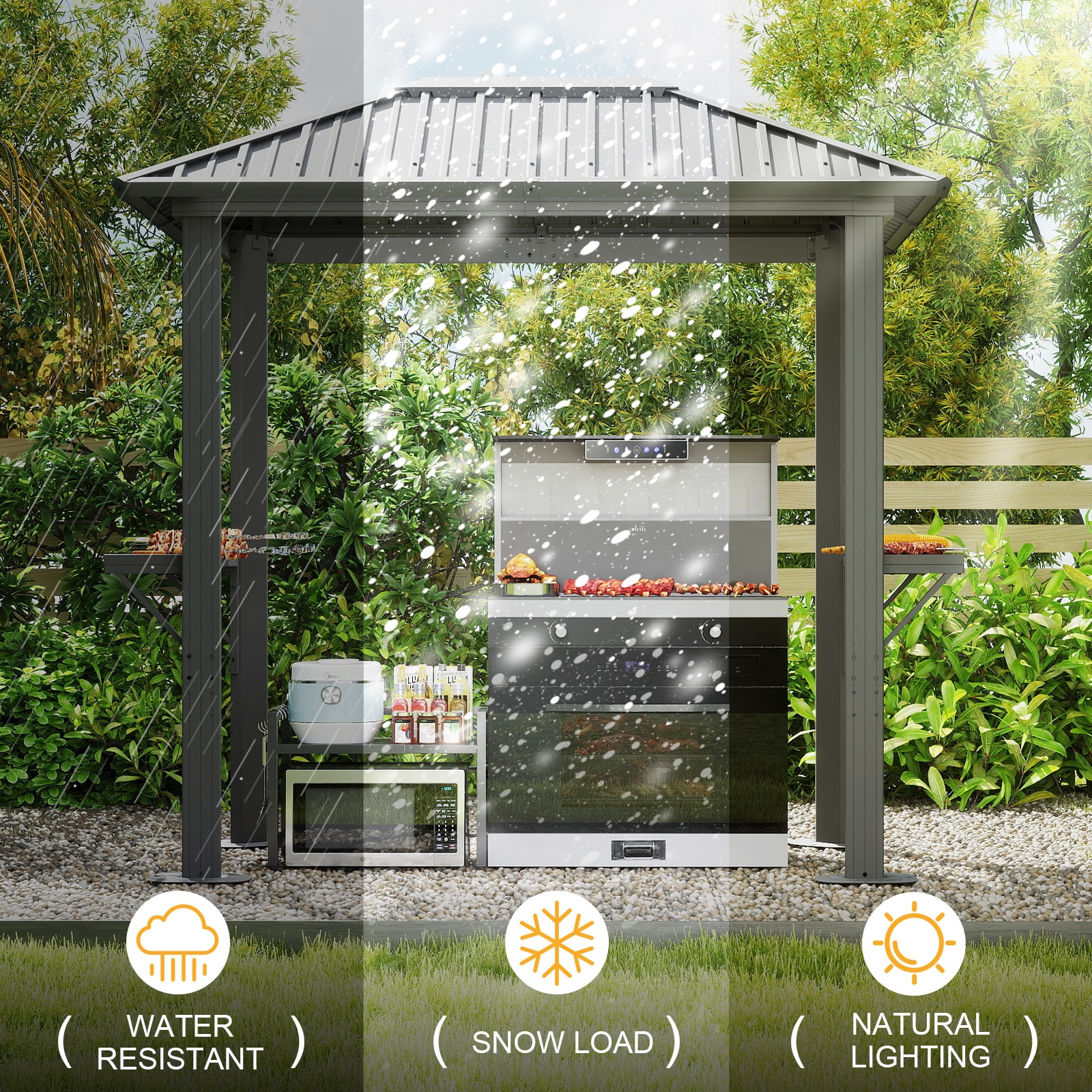 AOXUN Grill Gazebo 8 x 5FT Aluminum BBQ Gazebo with Steel Top with Shelves for Lawn Patio Garden AOXUN Grill Gazebo 8 x 5FT Aluminum BBQ Gazebo with Steel Top with Shelves for Lawn Patio Garden