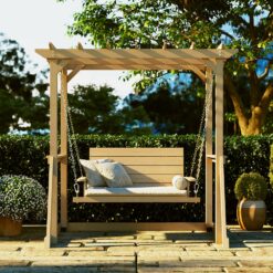 Homsee 82.1 Inch Wide Cedar Wood Arbor Gazebo Swing Chair for Two with Ergonomic High Back Pavilion Canopy and Galvanized Chains for Backyard Patio and Balcony 82.1''L x 63''W x 81.1''H Brown