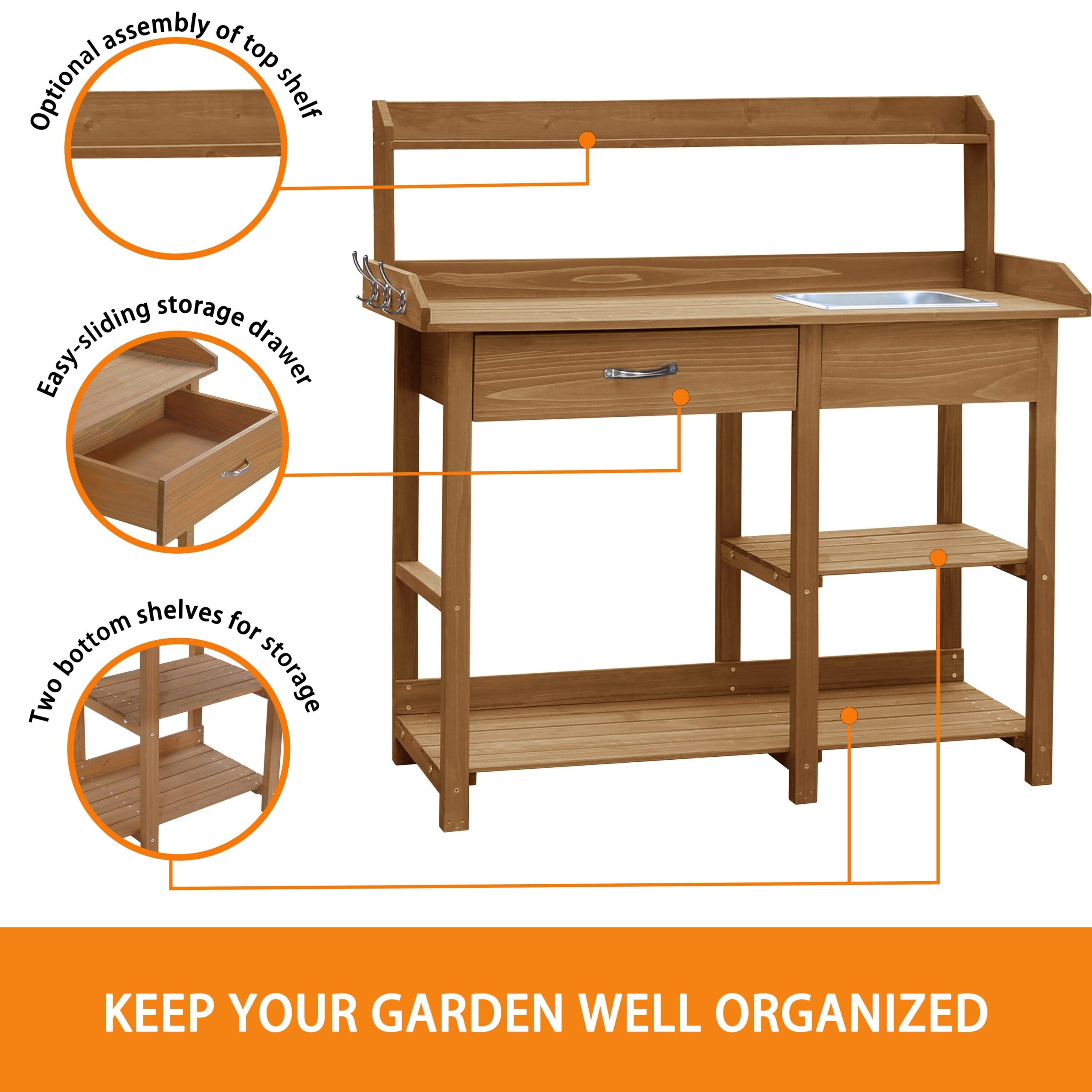 VEIKOUS Wooden Potting Bench Tables 46-in x 47.9-in x 15.3-in Natural Potting Bench VEIKOUS Wooden Potting Bench Tables 46-in x 47.9-in x 15.3-in Natural Potting Bench
