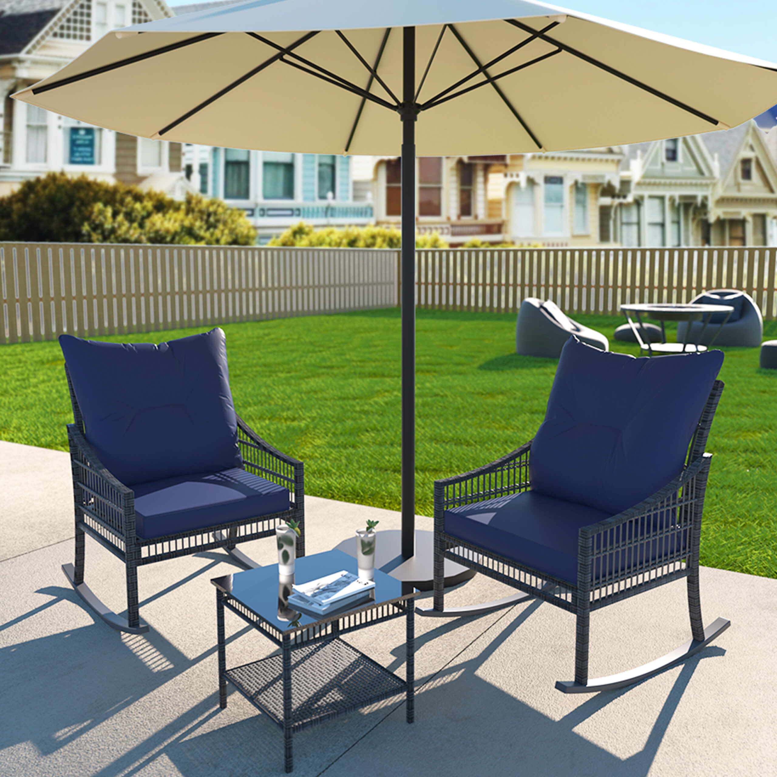 VEIKOUS Set of 2 Wicker Blue Wicker Frame Rocking Chair with Blue Rocking Chair Cushioned Seat VEIKOUS Set of 2 Wicker Blue Wicker Frame Rocking Chair with Blue Rocking Chair Cushioned Seat