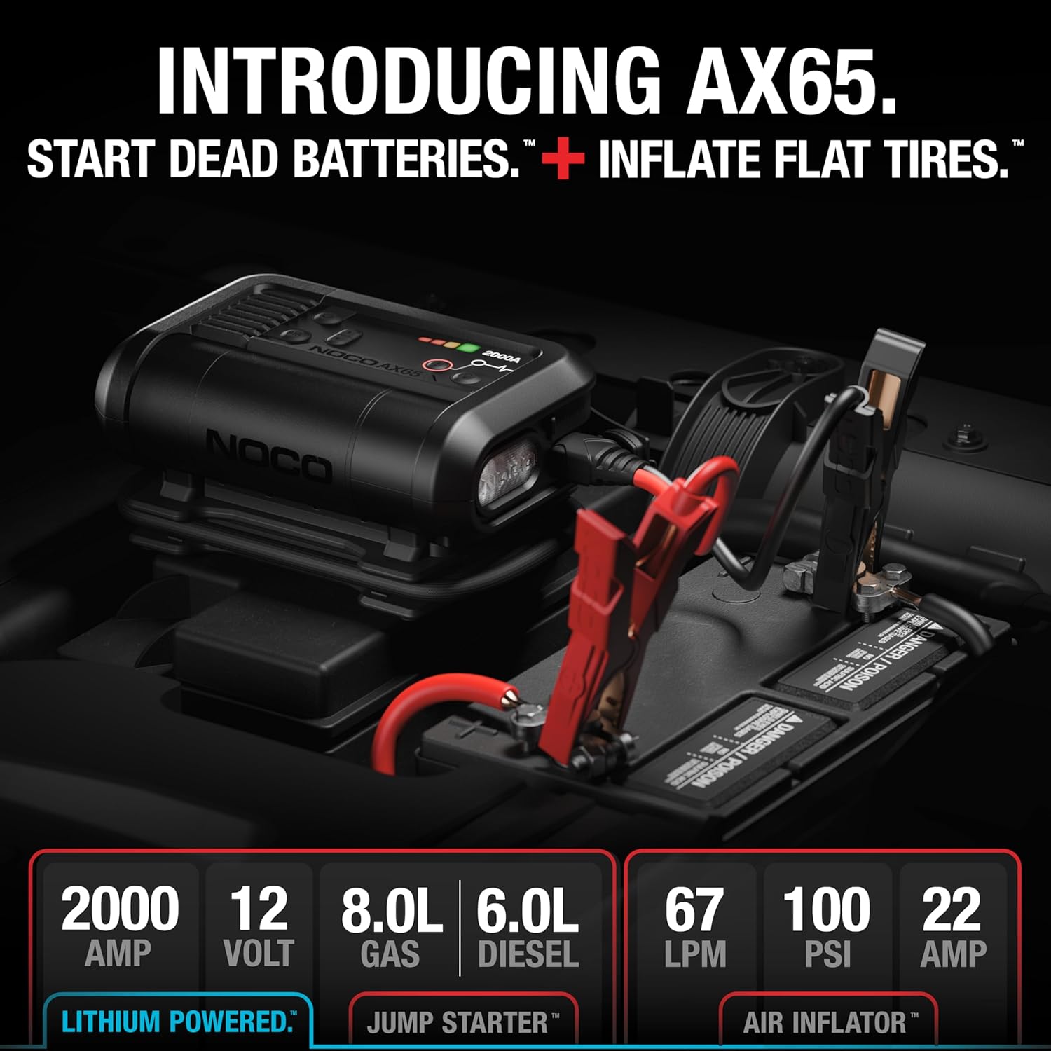 NOCO Boost+Air AX65: 2000A Jump Starter with Air Compressor Tire Inflator – Starts 8.0L Gas & 6.0L Diesel – 67 SLPM Airflow Inflates 0–40 PSI in 2 Minutes NOCO Boost+Air AX65: 2000A Jump Starter with Air Compressor Tire Inflator – Starts 8.0L Gas & 6.0L Diesel – 67 SLPM Airflow Inflates 0–40 PSI in 2 Minutes