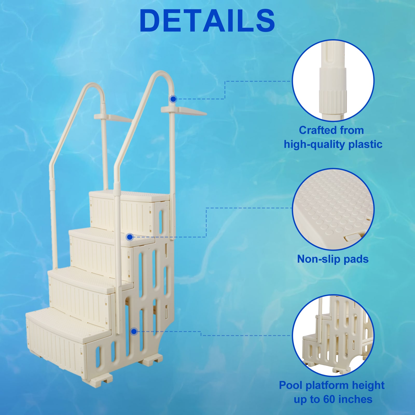 Siavonce Drop-in pool steps 60-in Polyethylene Drop-in pool steps Hand Rail Siavonce Drop-in pool steps 60-in Polyethylene Drop-in pool steps Hand Rail