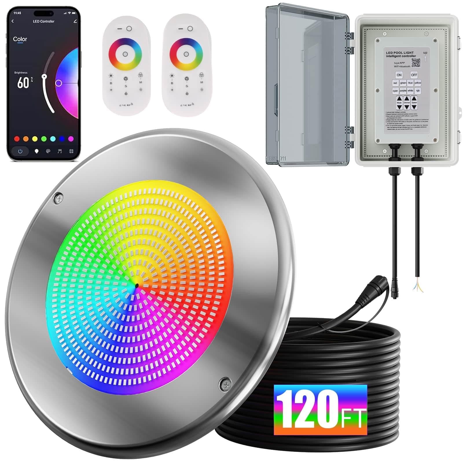 Oyezvary 60W 10 Inch Smart LED Pool Light 1 Piece Triple Control WiFi Bluetooth APP Remote Controller Color Changing for Inground Pools 120V Oyezvary 60W 10 Inch Smart LED Pool Light 1 Piece Triple Control WiFi Bluetooth APP Remote Controller Color Changing for Inground Pools 120V
