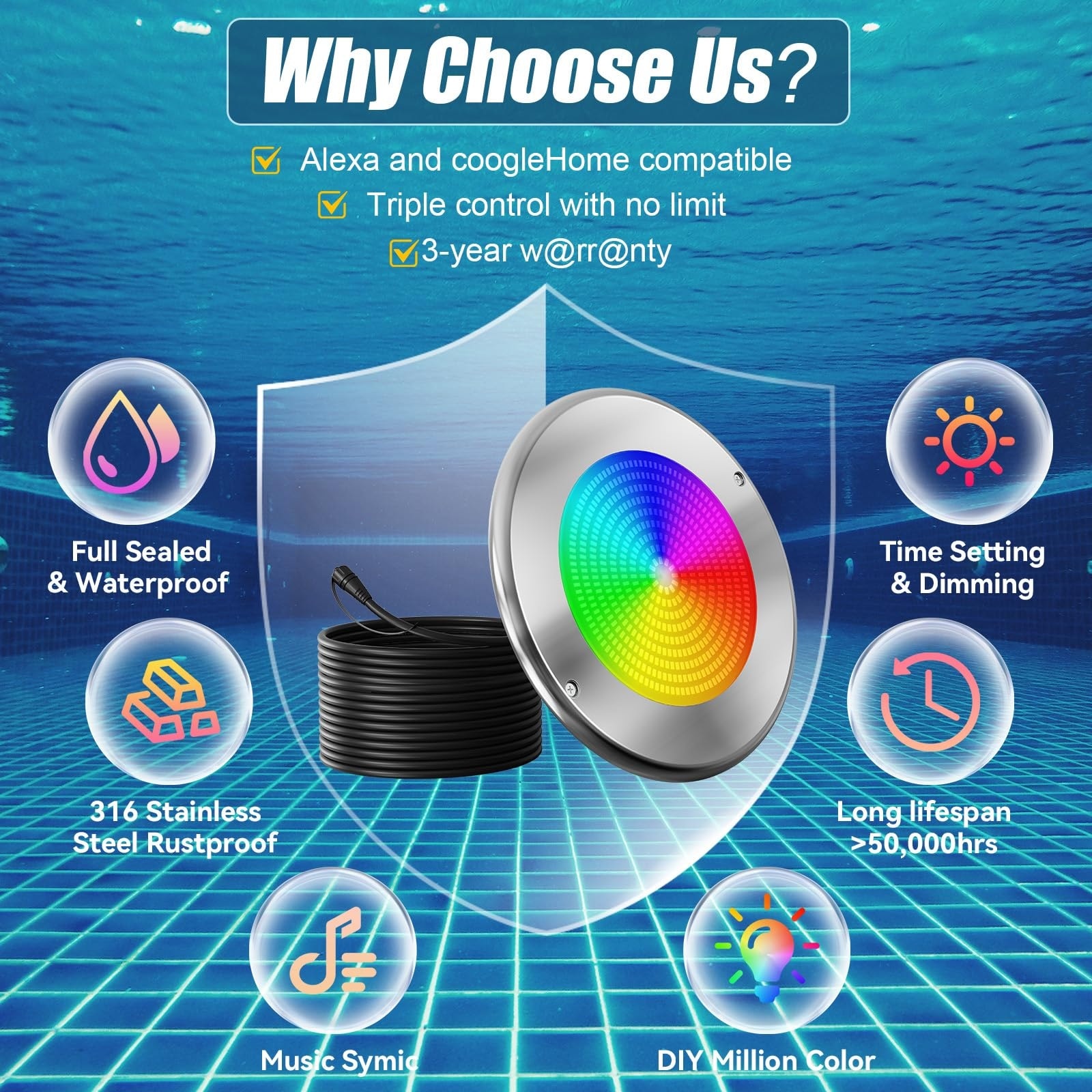 Oyezvary 60W 10 Inch Smart LED Pool Light 1 Piece Triple Control WiFi Bluetooth APP Remote Controller Color Changing for Inground Pools 120V Oyezvary 60W 10 Inch Smart LED Pool Light 1 Piece Triple Control WiFi Bluetooth APP Remote Controller Color Changing for Inground Pools 120V