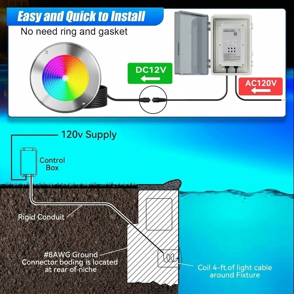 Oyezvary 60W 10 Inch Smart LED Pool Light 1 Piece Triple Control WiFi Bluetooth APP Remote Controller Color Changing for Inground Pools 120V Oyezvary 60W 10 Inch Smart LED Pool Light 1 Piece Triple Control WiFi Bluetooth APP Remote Controller Color Changing for Inground Pools 120V