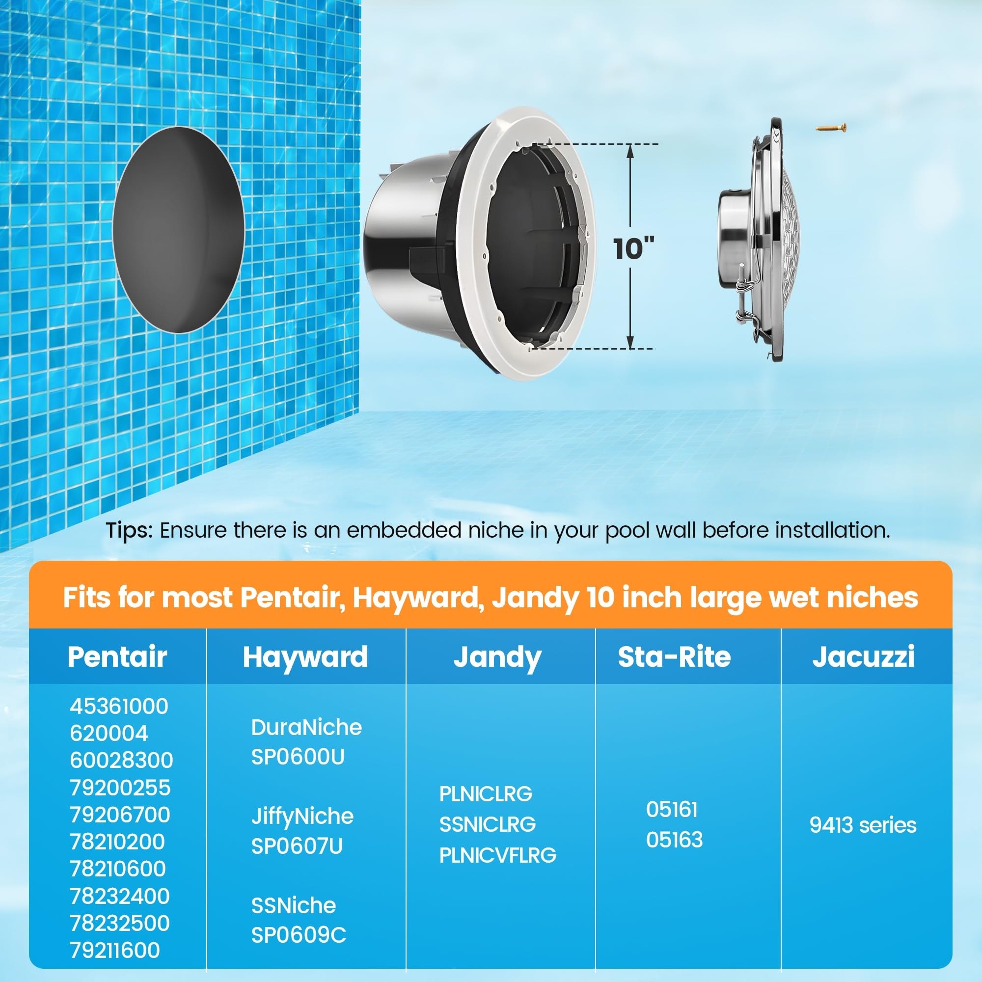 Oyezvary 10 Inch 120V LED Pool Light 5000 Lumen Cool White 50W Equivalent to 500W Halogen Fits Standard Pool Niches 50 Foot Cord 1 Piece Oyezvary 10 Inch 120V LED Pool Light 5000 Lumen Cool White 50W Equivalent to 500W Halogen Fits Standard Pool Niches 50 Foot Cord 1 Piece