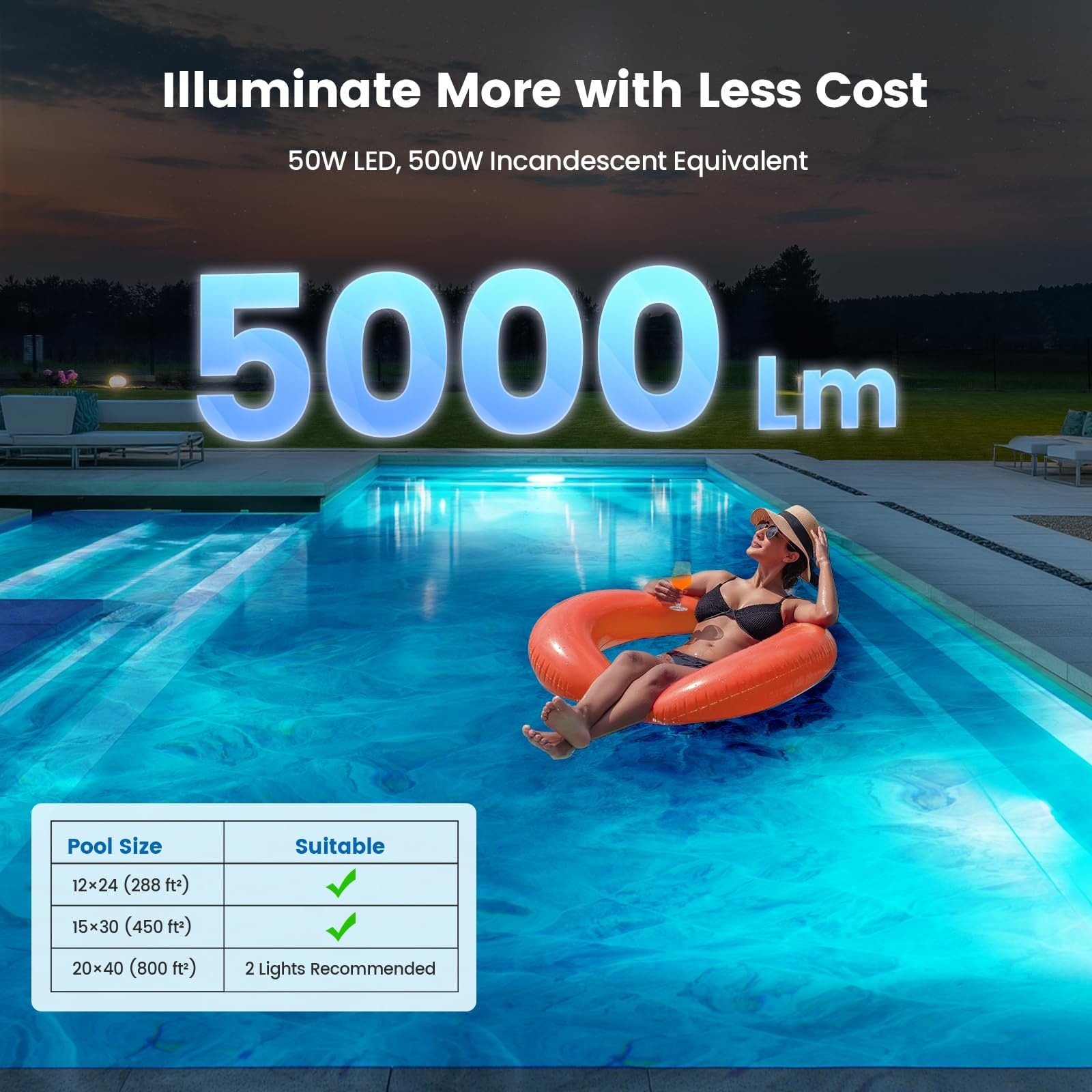 Oyezvary 10 Inch 120V LED Pool Light 5000 Lumen Cool White 50W Equivalent to 500W Halogen Fits Standard Pool Niches 50 Foot Cord 1 Piece Oyezvary 10 Inch 120V LED Pool Light 5000 Lumen Cool White 50W Equivalent to 500W Halogen Fits Standard Pool Niches 50 Foot Cord 1 Piece