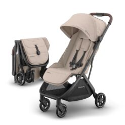 UPPAbaby Minu V3 Travel Stroller - Lightweight + Compact Design - One-Hand Fold + Unfold - from Birth + Overhead Compatible - Ada (Sandstone/Carbon Frame/Chestnut Leather)