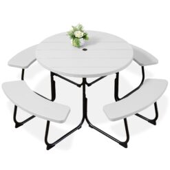 Best Choice Products 8-Person Circular Outdoor Picnic Table w/ 4 Benches Umbrella Hole 2000lb Capacity - White