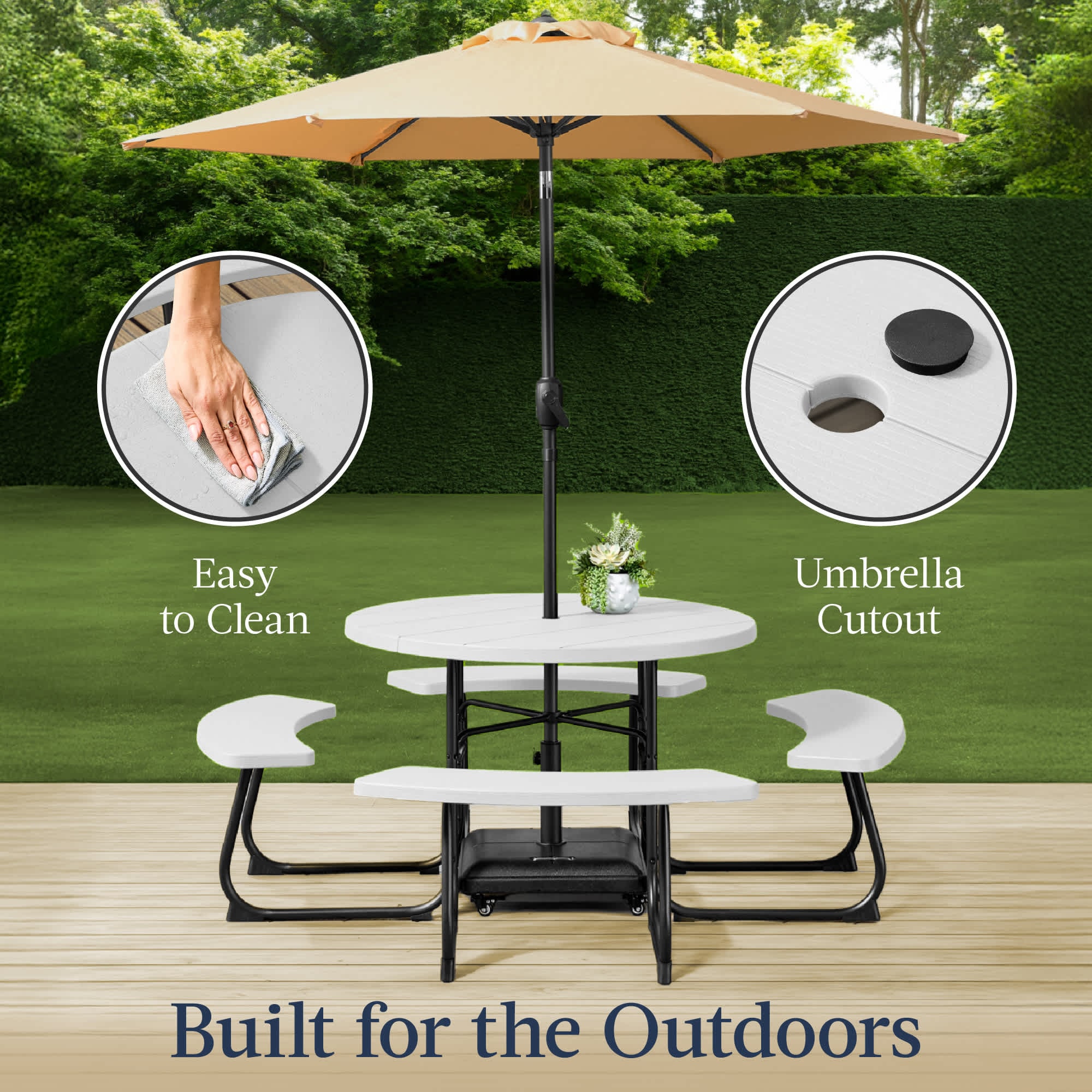 Best Choice Products 8-Person Circular Outdoor Picnic Table w/ 4 Benches Umbrella Hole 2000lb Capacity - White Best Choice Products 8-Person Circular Outdoor Picnic Table w/ 4 Benches Umbrella Hole 2000lb Capacity - White