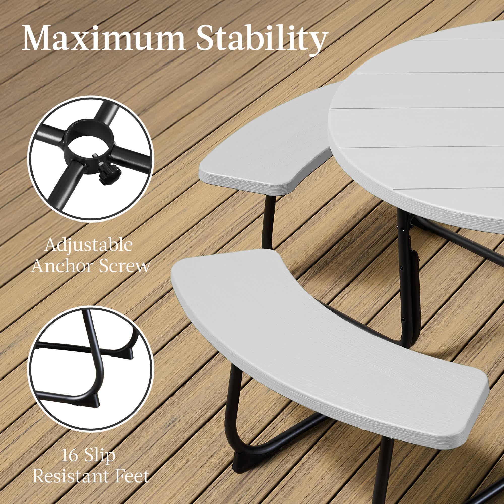 Best Choice Products 8-Person Circular Outdoor Picnic Table w/ 4 Benches Umbrella Hole 2000lb Capacity - White Best Choice Products 8-Person Circular Outdoor Picnic Table w/ 4 Benches Umbrella Hole 2000lb Capacity - White