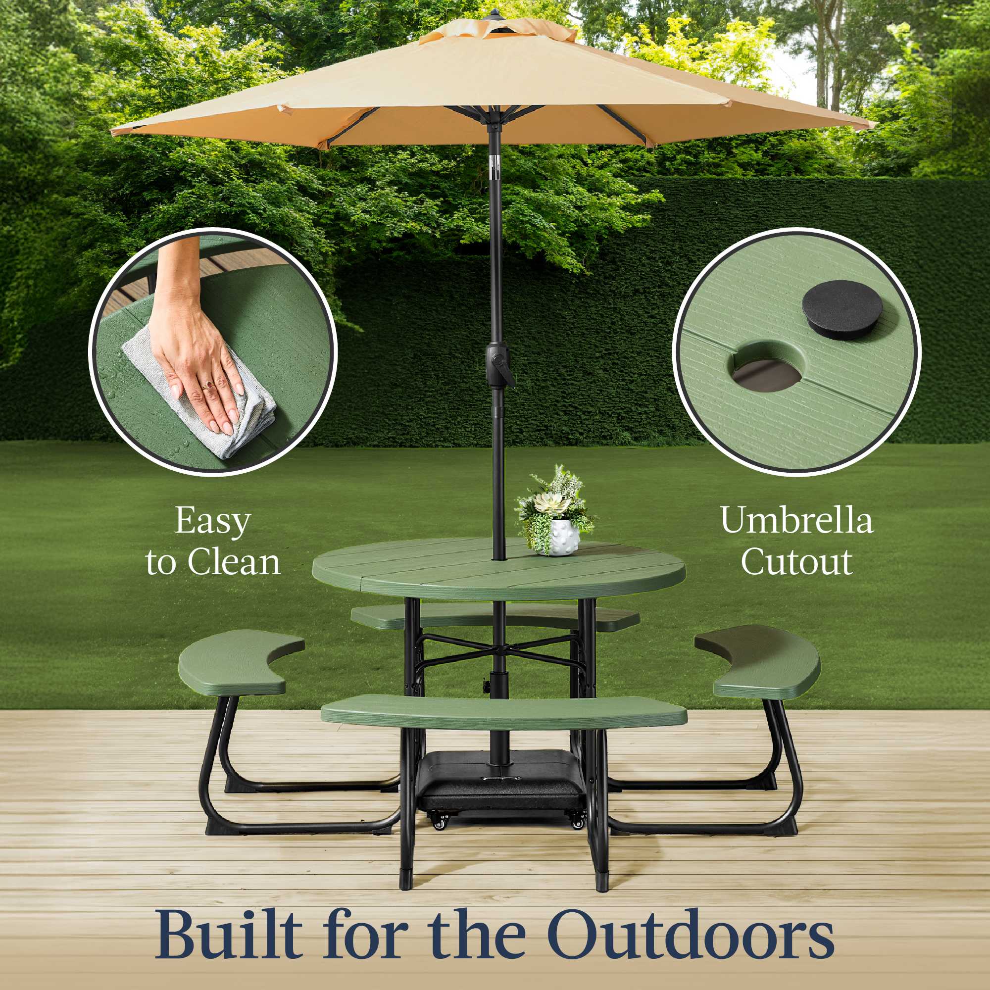 Best Choice Products 8-Person Circular Outdoor Picnic Table w/ 4 Benches Umbrella Hole 2000lb Capacity - Green Best Choice Products 8-Person Circular Outdoor Picnic Table w/ 4 Benches Umbrella Hole 2000lb Capacity - Green